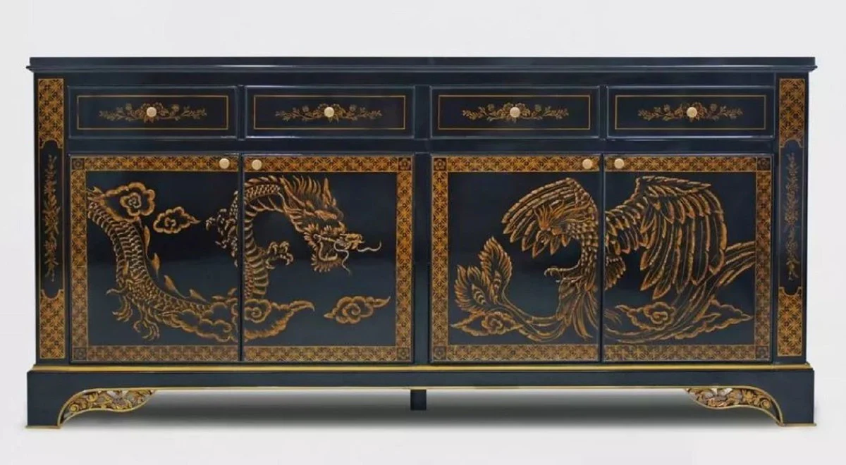 Casa Padrino aparador barroco de lujo en estilo chino negro / oro - Gabinete de madera maciza de estilo barroco con 4 cajones y 4 puertas - Muebles de comedor de lujo en estilo barroco