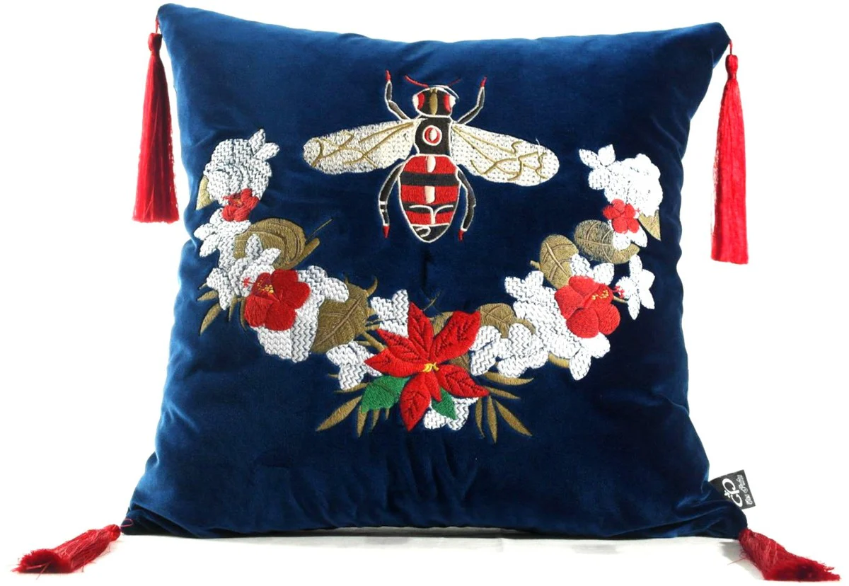 Casa Padrino almohada de lujo con borlas abeja azul / multicolor 45 x 45 cm - Tejido de Terciopelo Más Fino - Accesorios de Decoración de Lujo