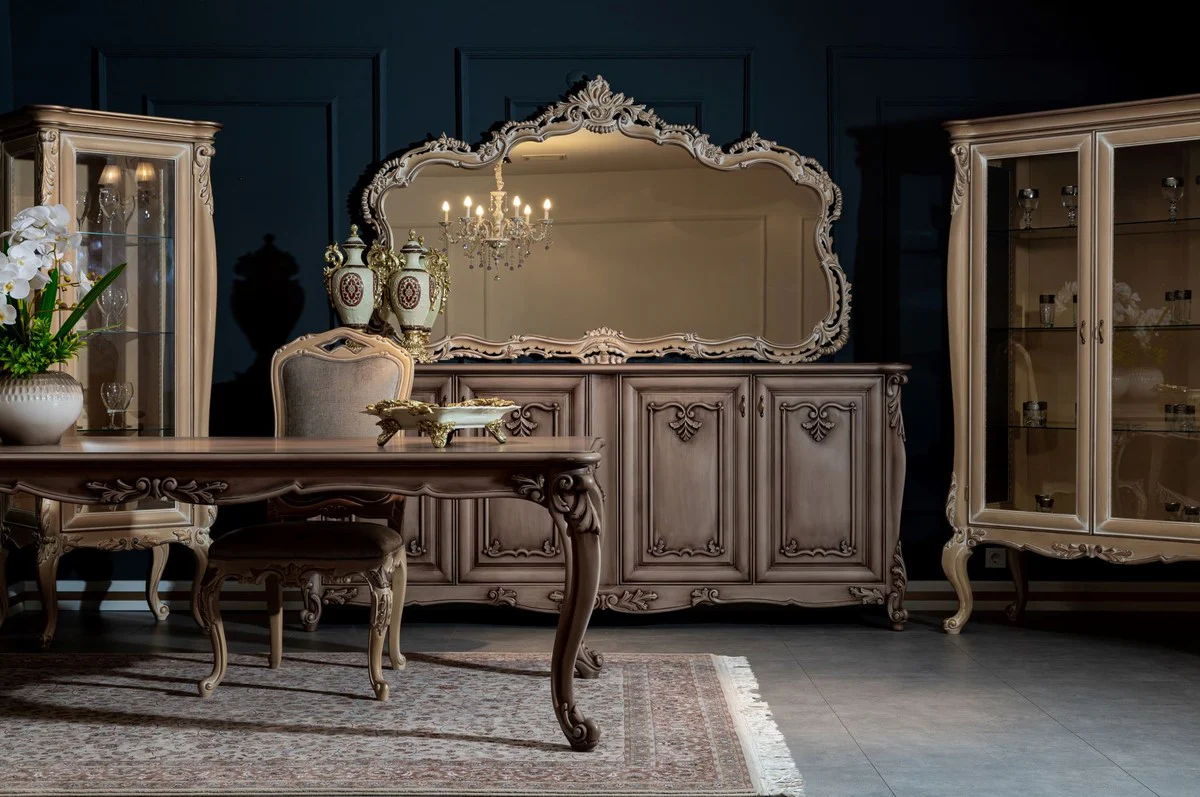 Casa Padrino conjunto de muebles barrocos de lujo marrón / natural - 1 Aparador Barroco con 4 Puertas y 1 Espejo de Pared Barroco - Muebles Barroco