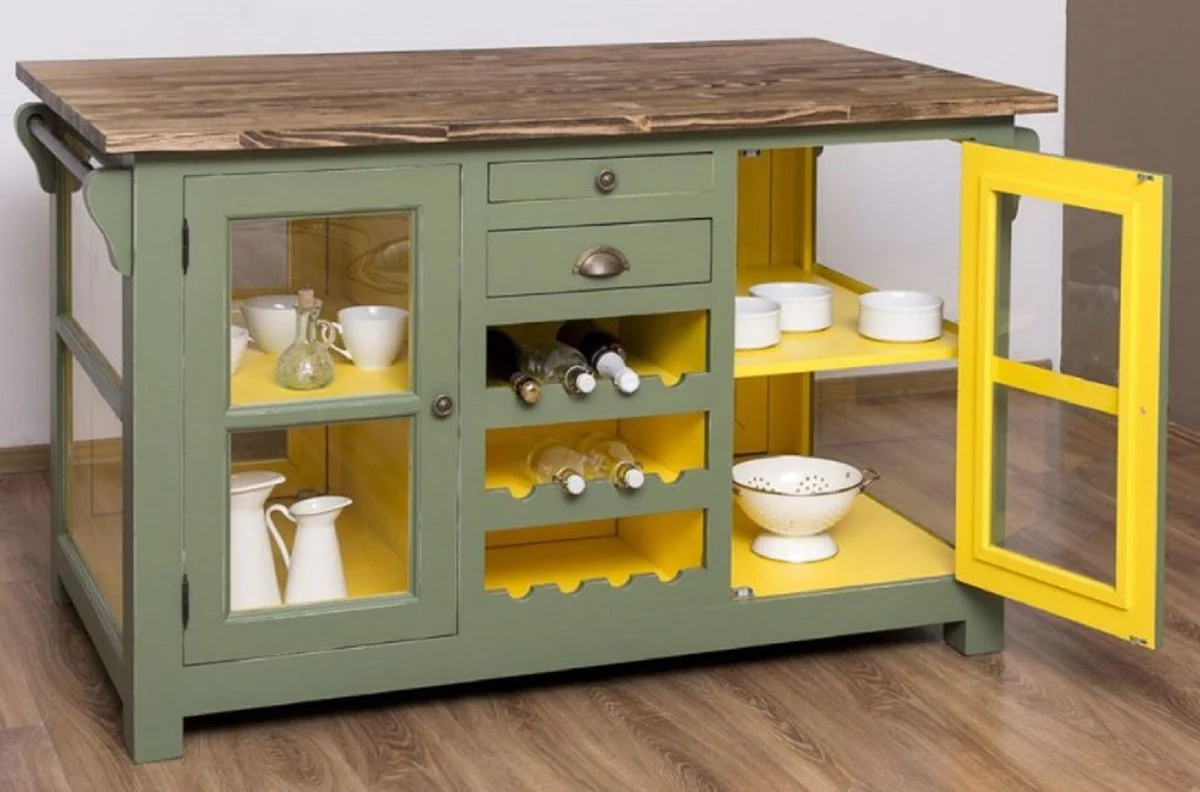 Casa Padrino isla de cocina de estilo campestre verde / amarillo / marr¨®n 150 x 90 x A. 90 cm - Gabinete de cocina de madera maciza - Mueble de comedor de madera maciza estilo campestre