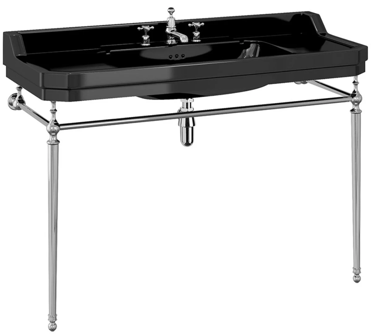 Casa Padrino Mueble de Baño Art Nouveau de Lujo Negro / Plata 121 x 51 x A. 90 cm - Lavabo de Porcelana con 3 Orificios y Base - Muebles de Baño