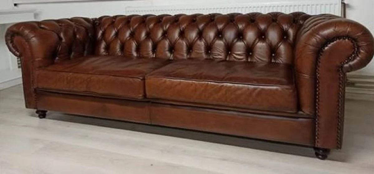 Casa Padrino sof¨¢ de cuero Chesterfield de lujo marr¨®n oscuro vintage 240 x 100 x A. 80 cm - Sof¨¢ de sal¨®n de cuero genuino - Muebles de sal¨®n - Muebles Chesterfield - Muebles de lujo
