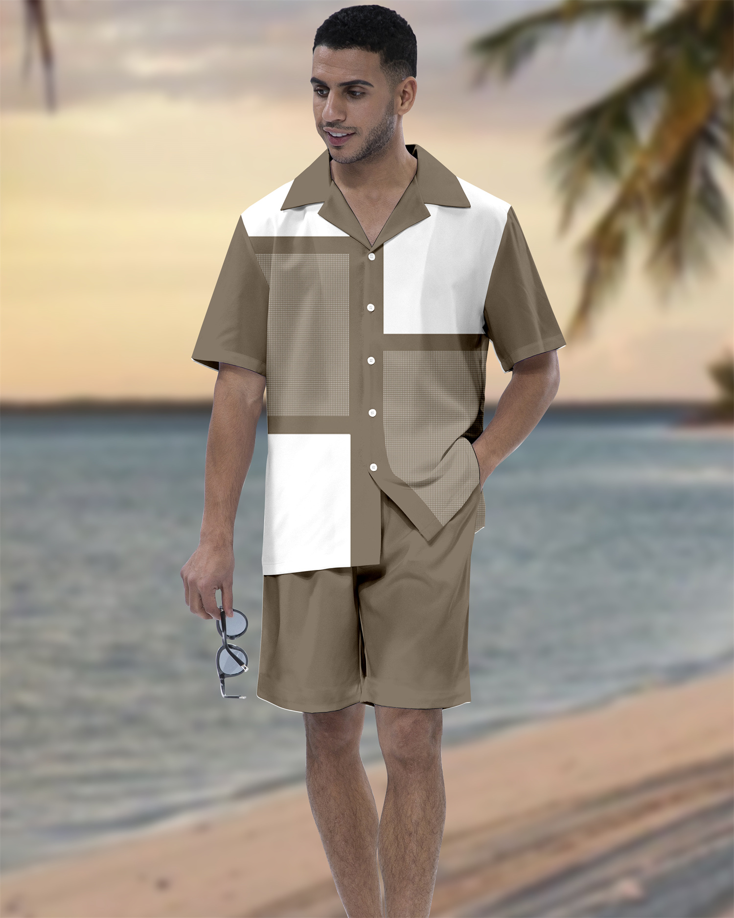 Suitmens Men's Hawaiian Vacation Plaid Print Short Sleeve Set 118