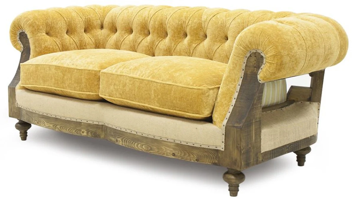 Casa Padrino sof¨¢ Chesterfield de lujo amarillo / beige / marr¨®n 215 x 100 x A. 72 cm - Sof¨¢ de sal¨®n - Muebles de sal¨®n - Muebles Chesterfield - Muebles de lujo - Interior de sal¨®n