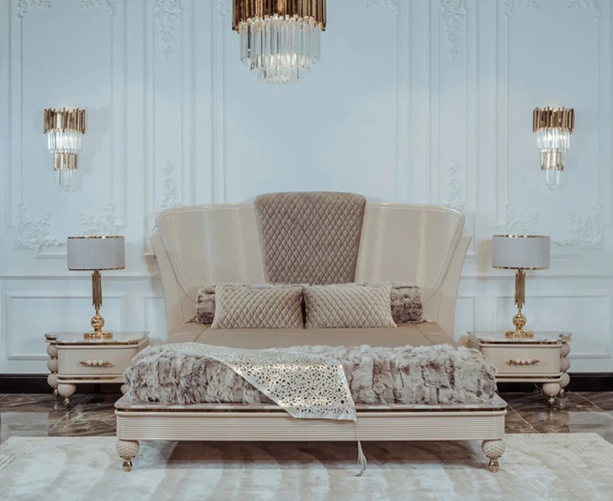 Casa Padrino cama doble Art Deco de lujo beige / gris / oro - Cama noble de madera maciza con cabecera - Muebles de Dormitorio y Hotel Art Deco - Colección de Lujo