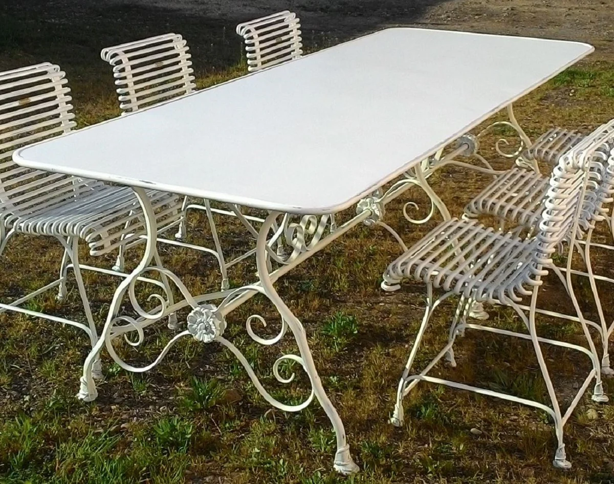 Casa Padrino mesa de comedor de jard¨ªn Art Nouveau blanco antiguo 250 x 90 x A. 75 cm - Mesa de jard¨ªn de hierro forjado nost¨¢lgico - Muebles de jard¨ªn Art Nouveau - Muebles de jard¨ªn nost¨¢lgicos