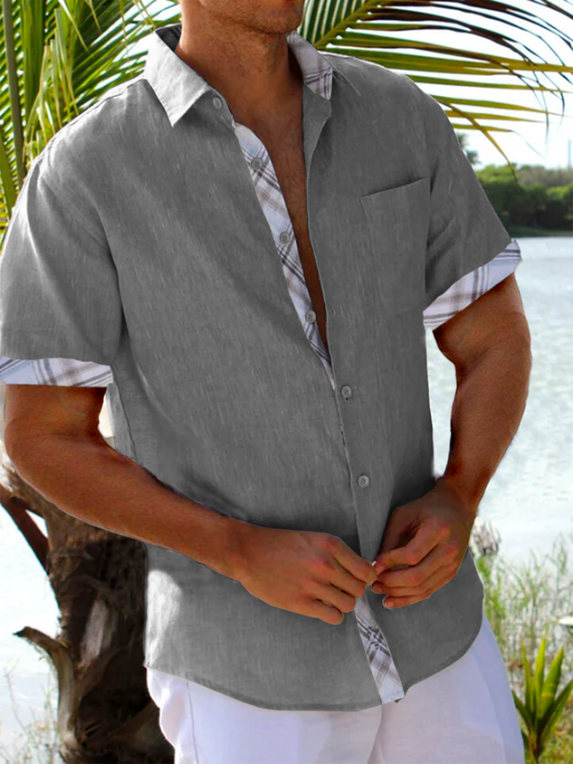 Plaid Panel Short Sleeve Casual Shirt