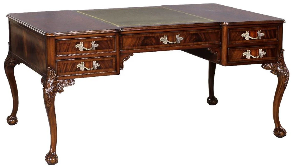 Casa Padrino escritorio barroco de lujo marr¨®n oscuro / plata / gris / oro - Escritorio de caoba hecho a mano con 5 cajones - Mobiliario de oficina barroco