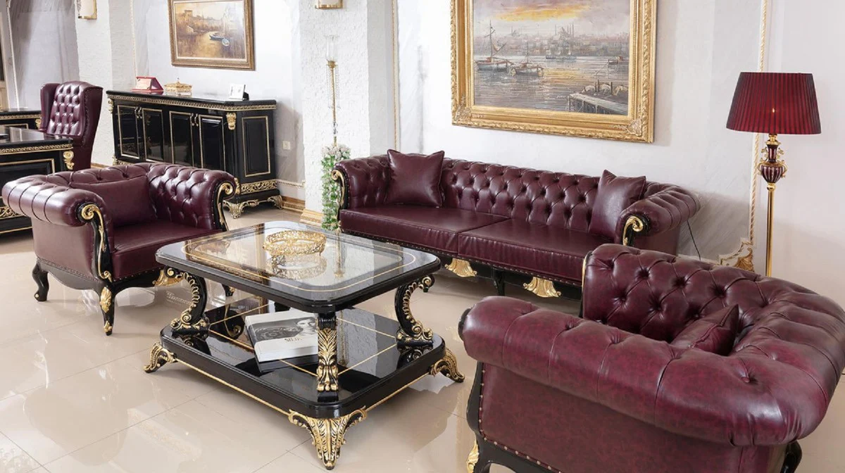 Casa Padrino sill¨®n de cuero Chesterfield barroco de lujo rojo burdeos / negro / oro - Magn¨ªfico sill¨®n de sal¨®n de cuero genuino - Muebles de sal¨®n de lujo en estilo barroco - Muebles barroco