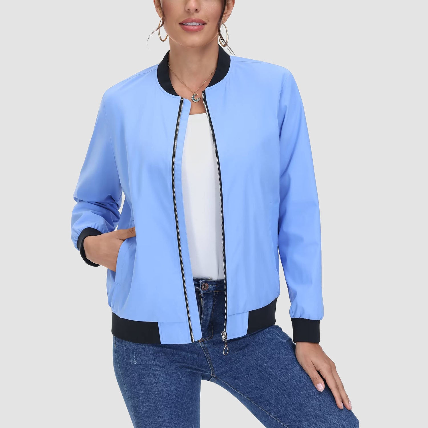 Women's Bomber Jacket Casual Zip Up Lightweight Coat Outerwear Windbreaker