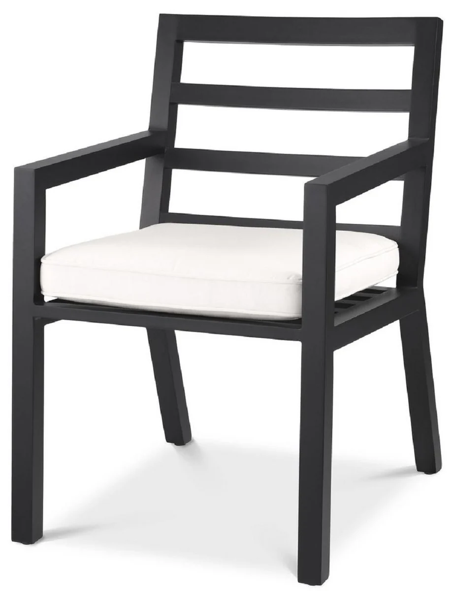 Casa Padrino silla de comedor de lujo con reposabrazos negro / blanco 56 x 66,5 x A. 87 cm - Silla de aluminio resistente a la intemperie con cojín de asiento - Silla de Jardín de Terraza
