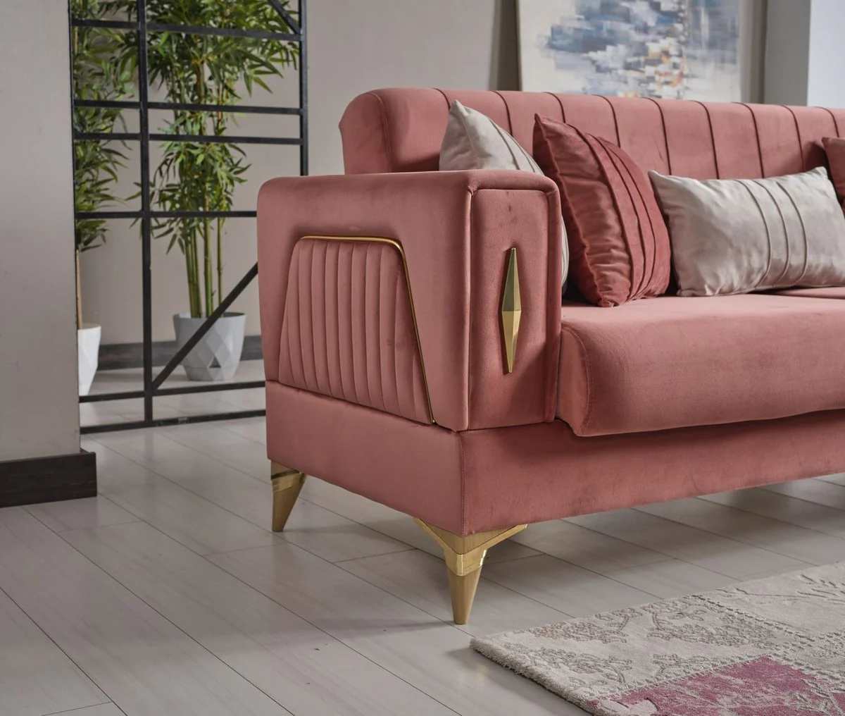 Casa Padrino sof¨¢ cama de lujo rosa / oro 222 x 93 x A. 87 cm - Sof¨¢ de sal¨®n con 5 almohadas - Muebles de sal¨®n de lujo