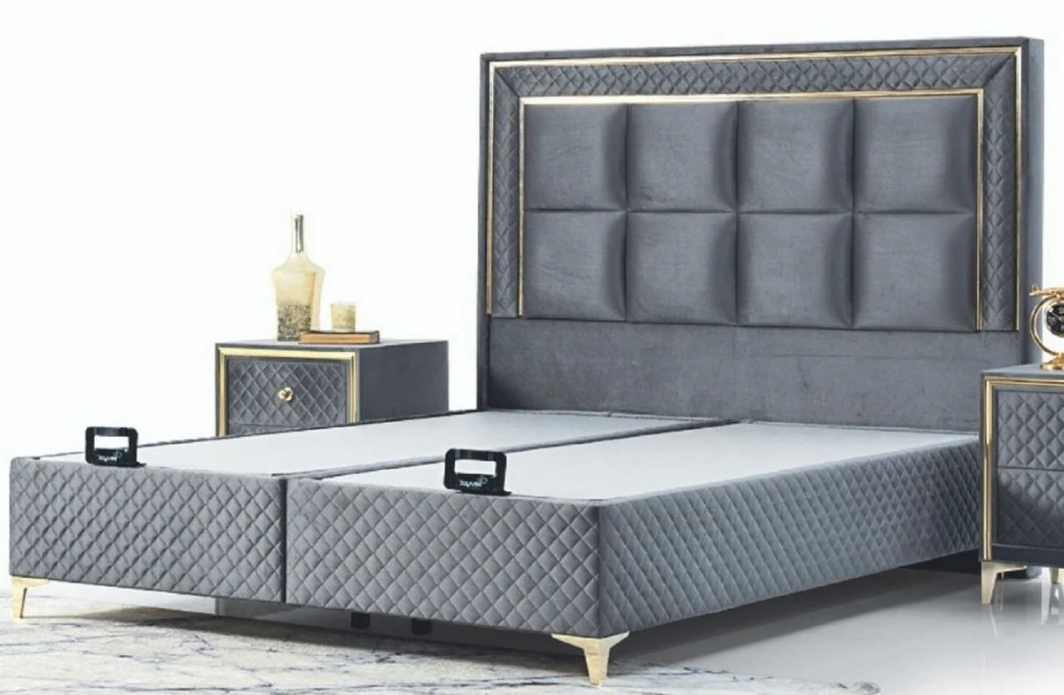 Casa Padrino cama doble de lujo gris / oro - Cama moderna de madera maciza - Muebles de Dormitorio y de Hotel Moderno - Colección de Lujo