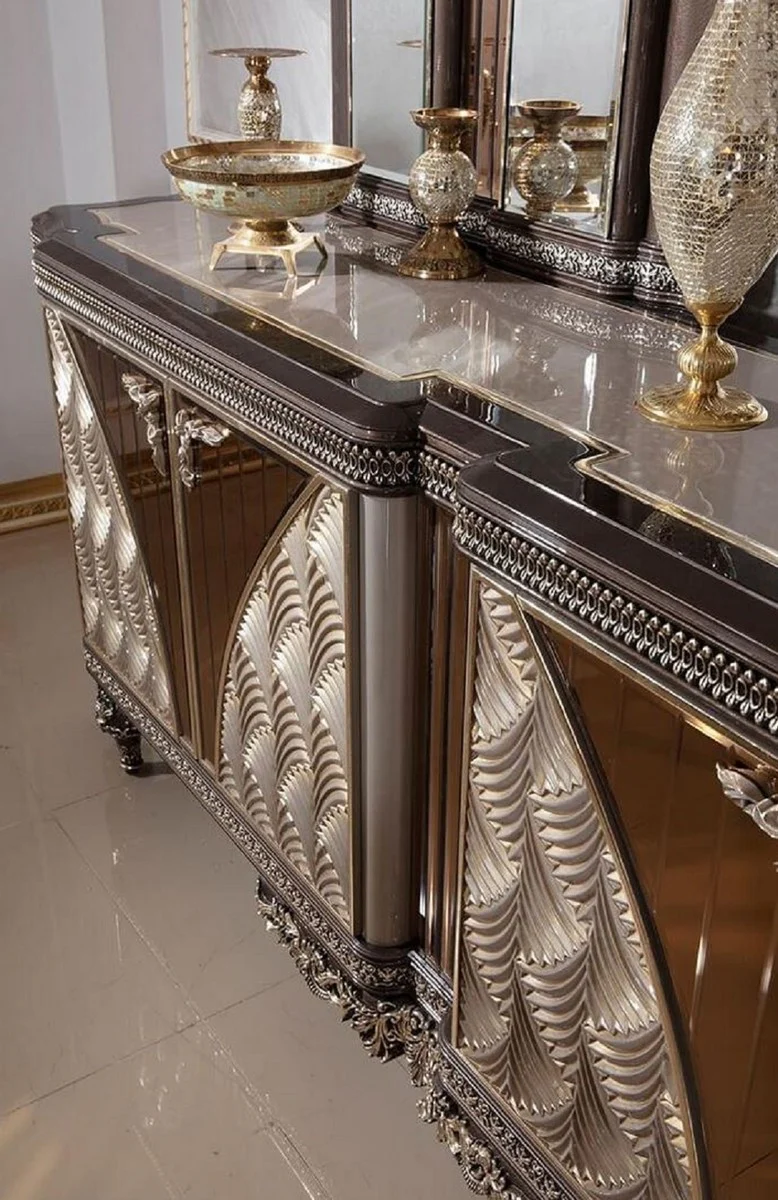 Casa Padrino conjunto de muebles barrocos de lujo gris / negro / plata / oro - 1 Aparador Barroco con 4 Puertas y 2 Espejos de Pared Barroco - Muebles Barroco Hechos a Mano - Noble y Magnífico