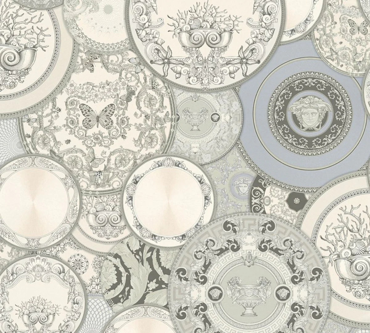 Papel pintado no tejido barroco diseñador Versace 349013 Les Etoiles de la Mer 2 gris / plata / blanco - Papel Tapiz de Diseño - Alta Calidad