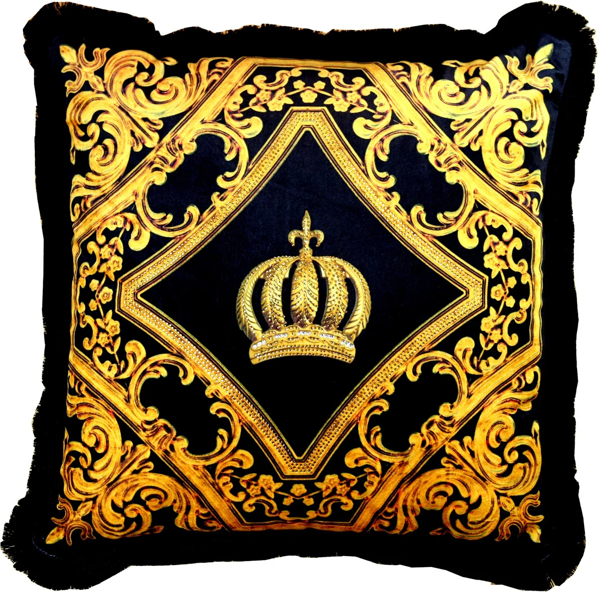 Harald Gl??ckler Luxury Baroque Decorative Pillow Pomp??s by Casa Padrino Black / Gold Crown Deluxe with rhinestones