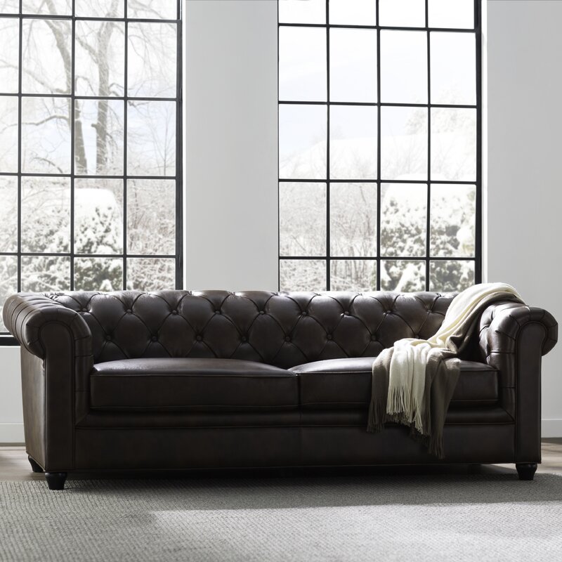 Owen 84�� Genuine Leather Rolled Arm Chesterfield Sofa