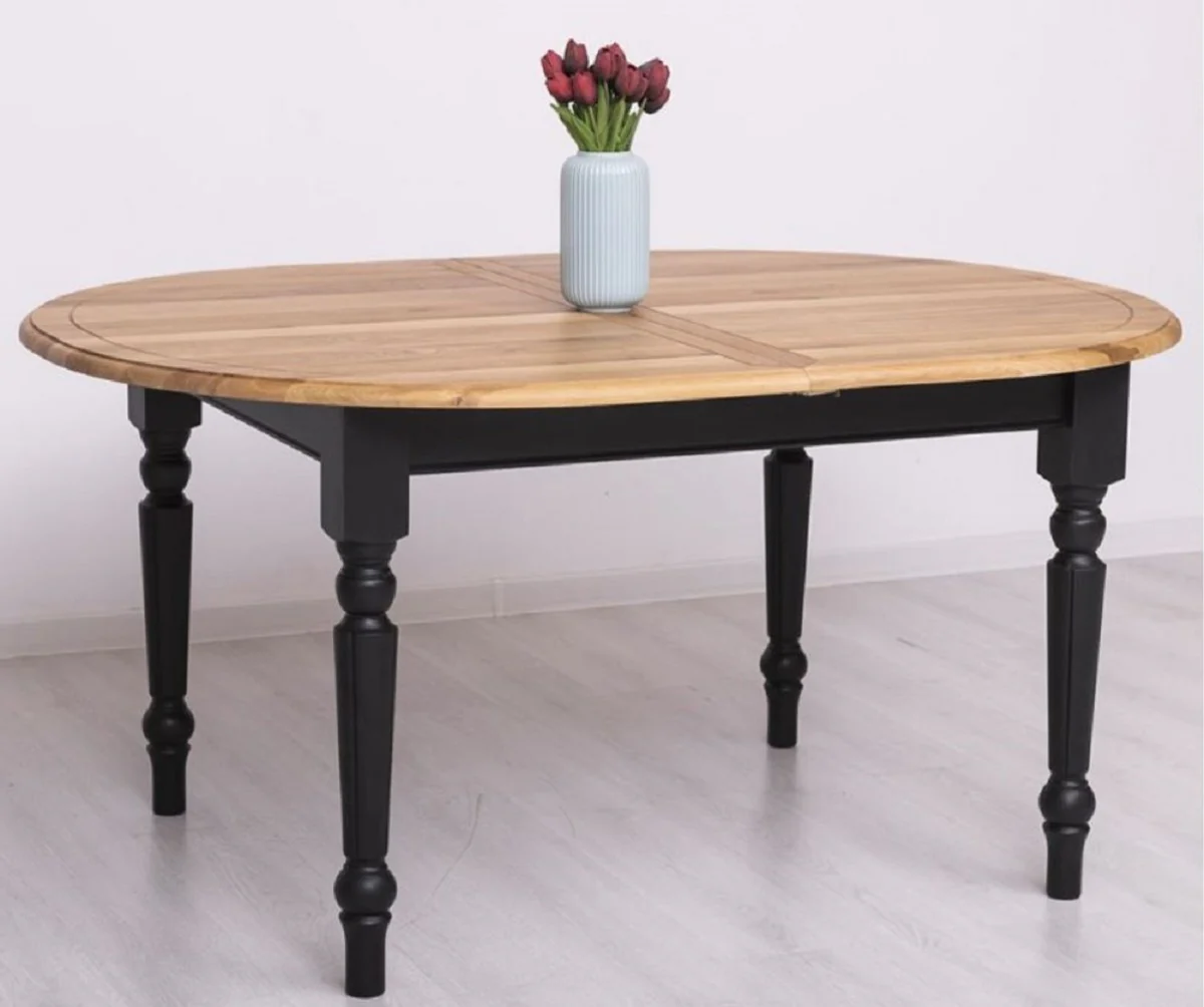 Casa Padrino mesa de comedor de estilo campestre natural / negro 160-200 x 120 x A. 78 cm - Mesa de cocina extensible ovalada con tablero de roble - Muebles de comedor en estilo campestre