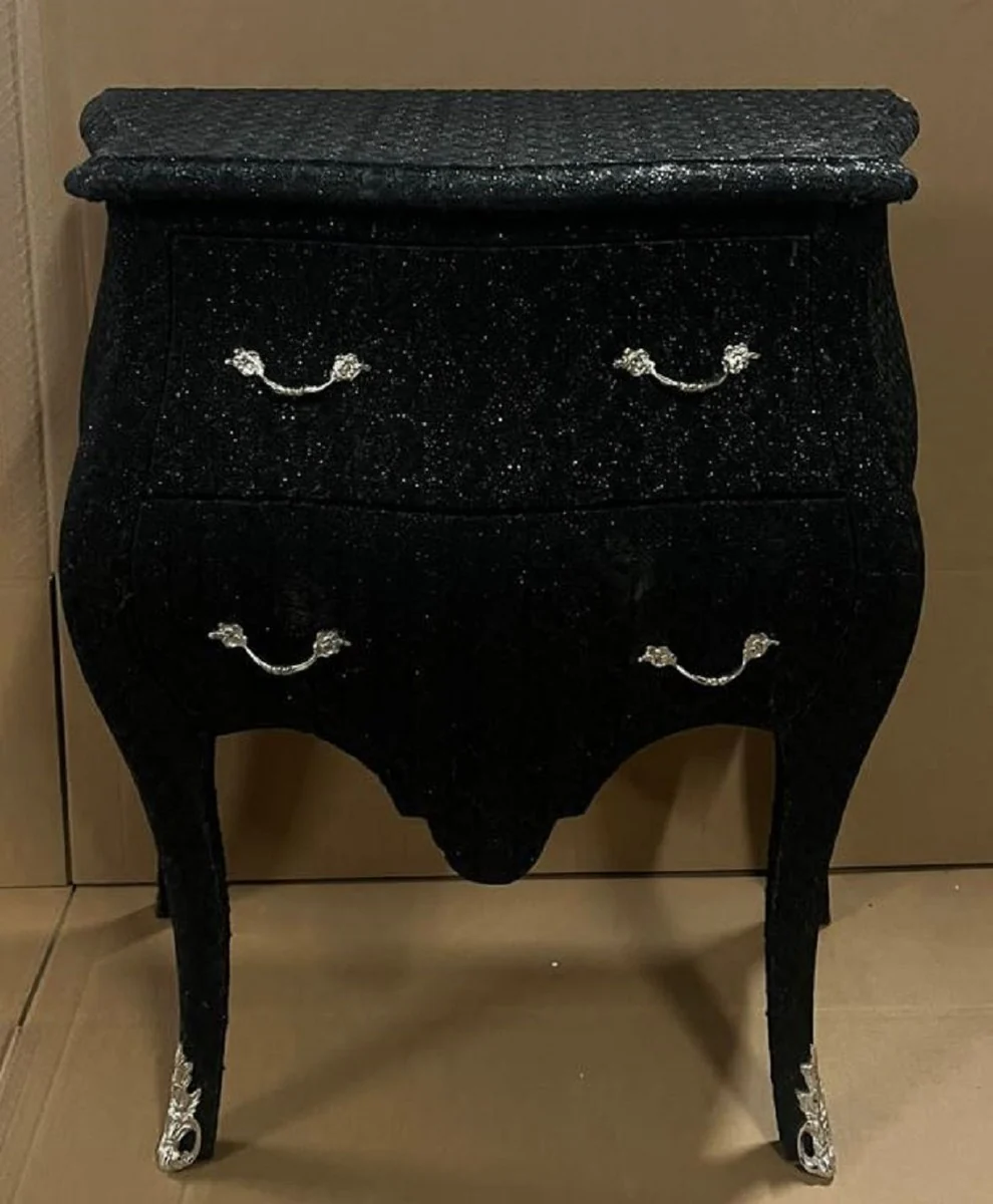 Casa Padrino cómoda barroco negro aspecto brillo / plata - Mesita de noche de estilo barroco hecha a mano con 2 cajones - Muebles barrocos - Muebles de dormitorio estilo barroco