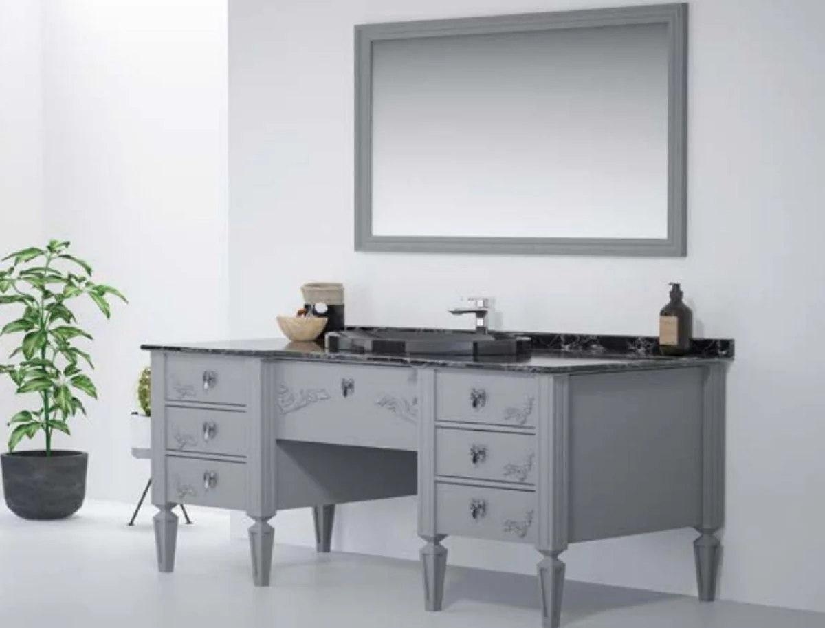 Casa Padrino conjunto de baño barroco de lujo gris / negro - 1 Mesa de Lavabo y 1 Lavabo de Cerámica Ovalado y 1 Espejo de Pared LED - Muebles de baño en estilo barroco - Muebles barrocos