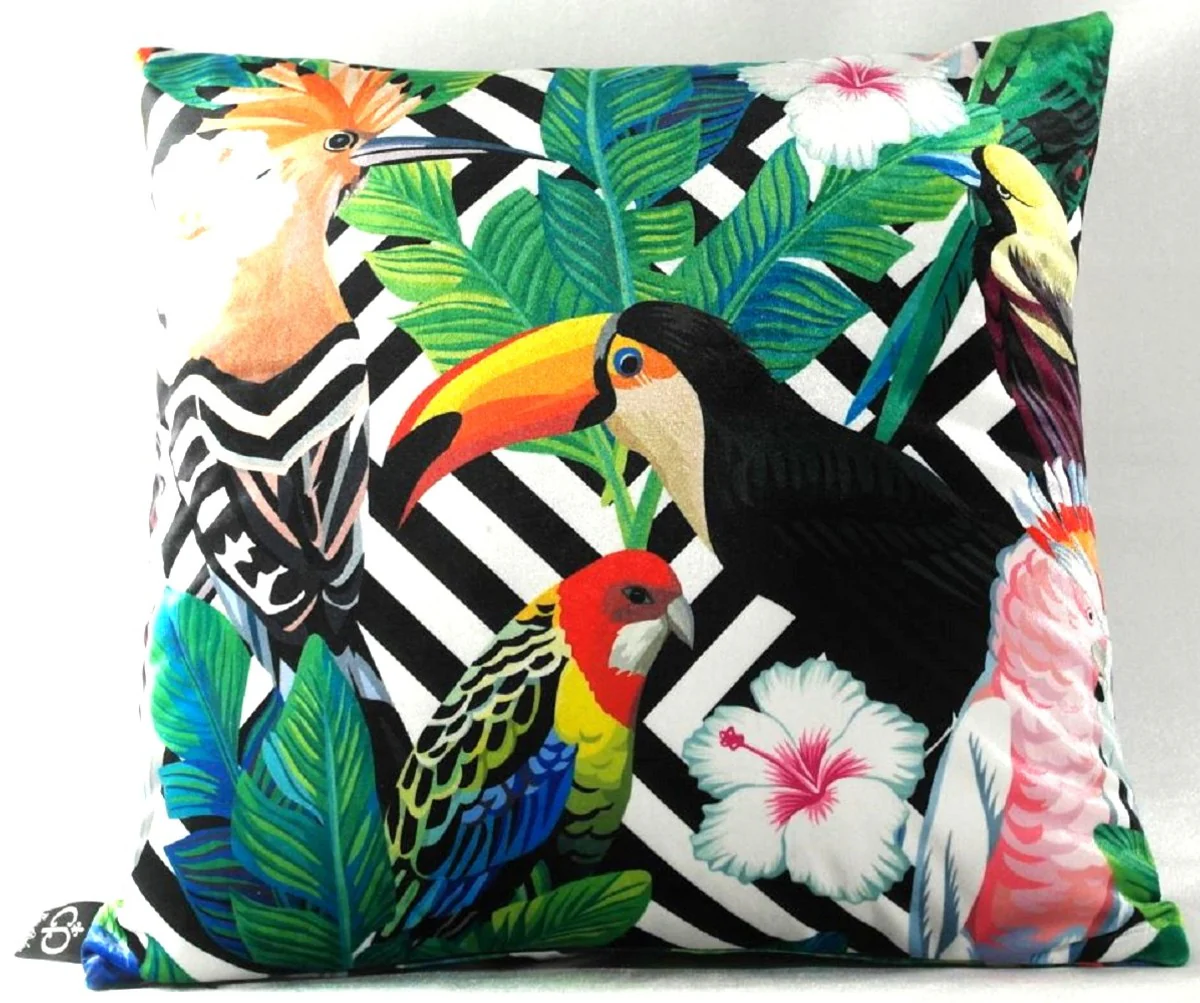 Casa Padrino Almohada de Lujo Miami Loros y Flores Negro / Blanco / Multicolor 45 x 45 cm - Terciopelo Fino - Sala de Estar Almohada Decorativa