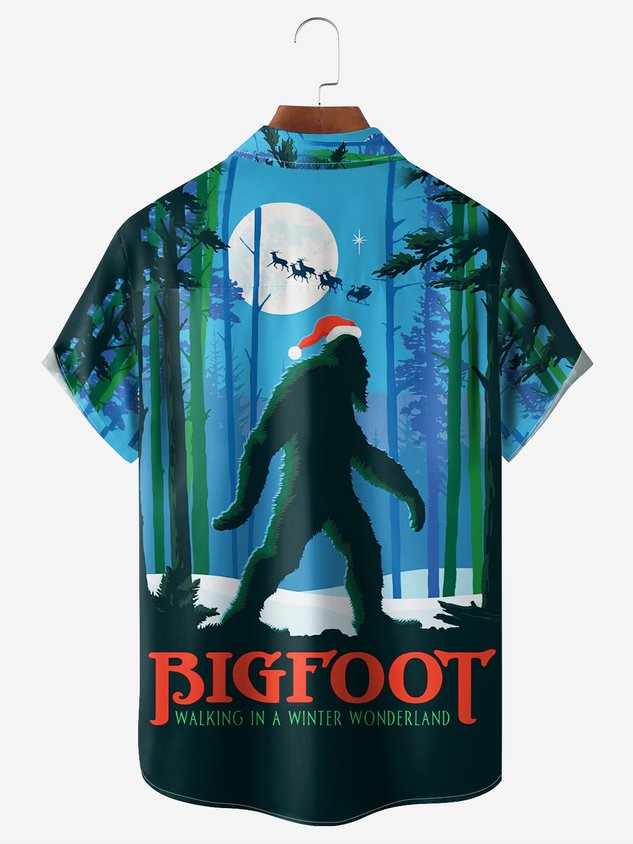Christmas Big Foot Chest Pocket Short Sleeve Casual Shirt