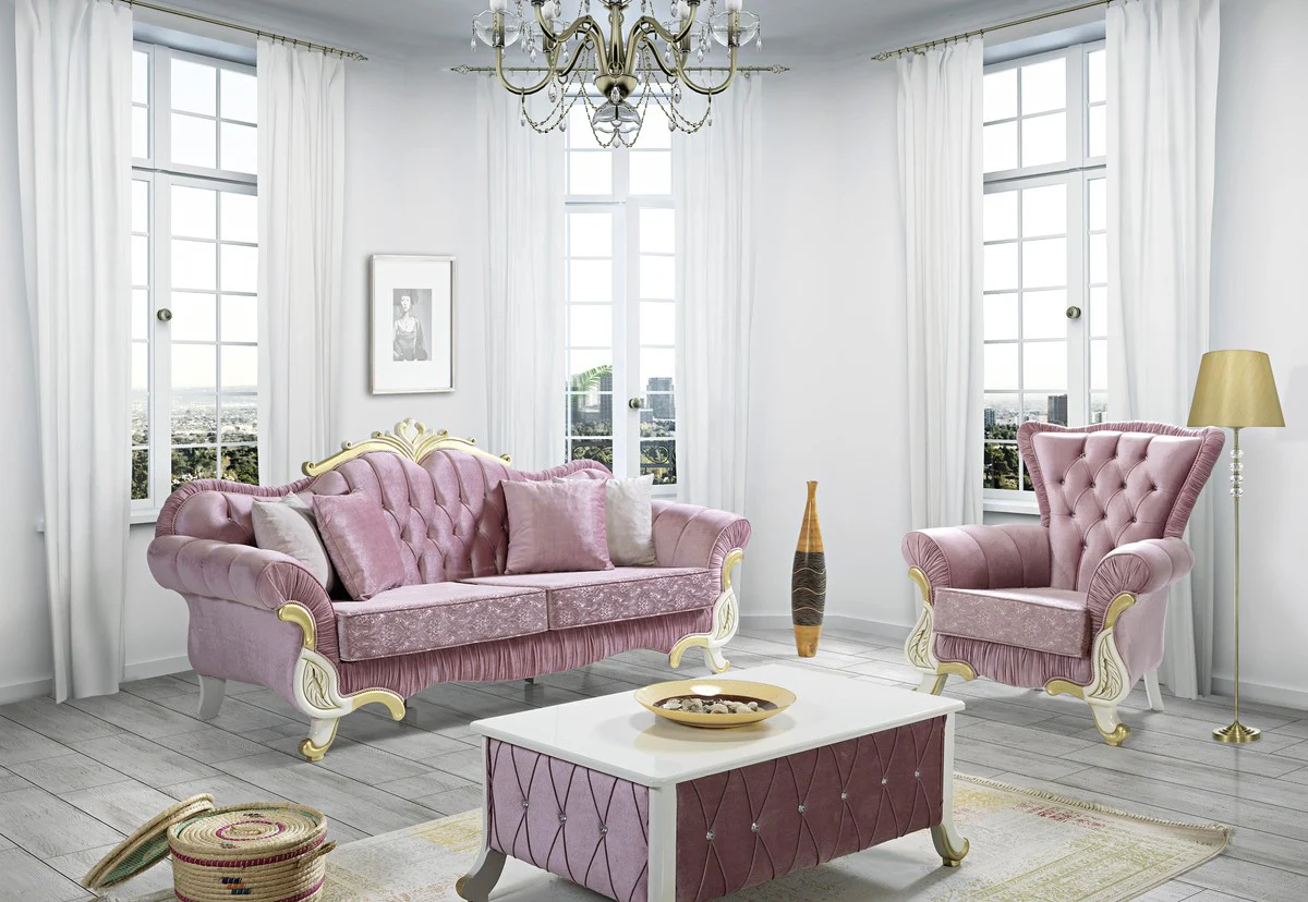Casa Padrino sof¨¢ de sal¨®n barroco con pedrer¨ªa rosa / blanco / oro 228 x 105 x A. 85 cm - Noble y Magn¨ªfico