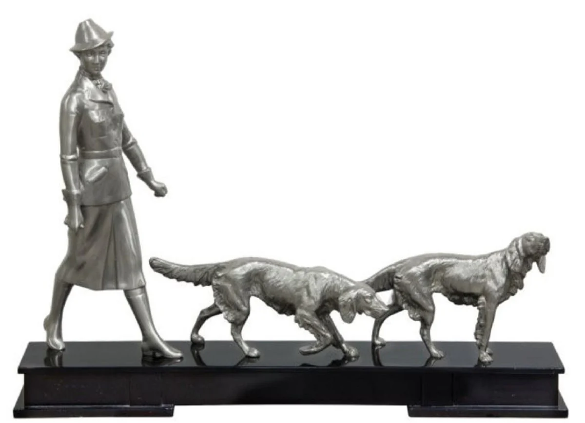 Casa Padrino figuras de bronce de lujo de cazadora y perros plata / negro 61 x 11 x H. 45 cm - Figuras Decorativas de Lujo con Base de Madera