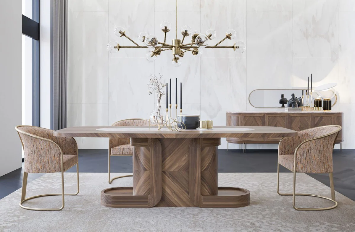 Casa Padrino Conjunto de Muebles de Comedor de Lujo Marr¨®n / Beige / Gris / Naranja / Lat¨®n - 1 Mesa de Comedor de Lujo y 8 Sillas de Comedor de Lujo - Muebles de Comedor de Lujo