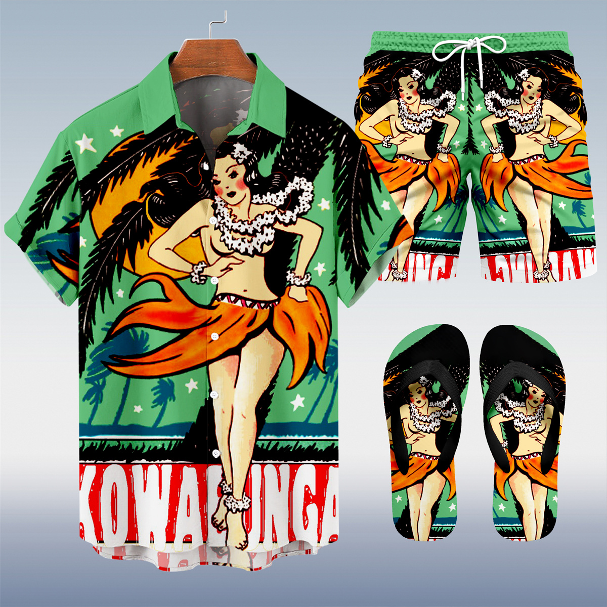 Suitmens Men's Tiki Party Hawaiian Vacation Print Three-Piece Set 028