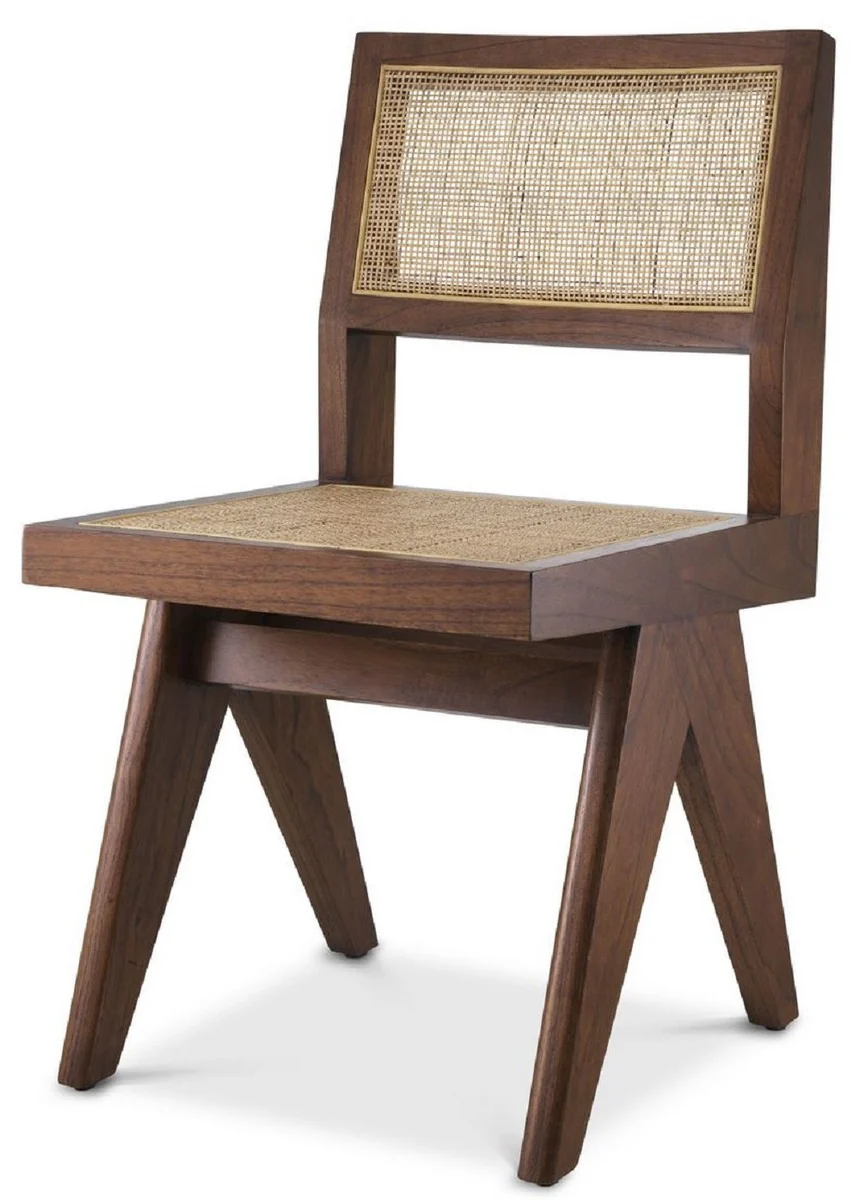 Casa Padrino silla de comedor de lujo marr¨®n / natural 44 x 54 x A. 85,5 cm - Silla de madera maciza con rat¨¢n - Muebles de comedor de lujo