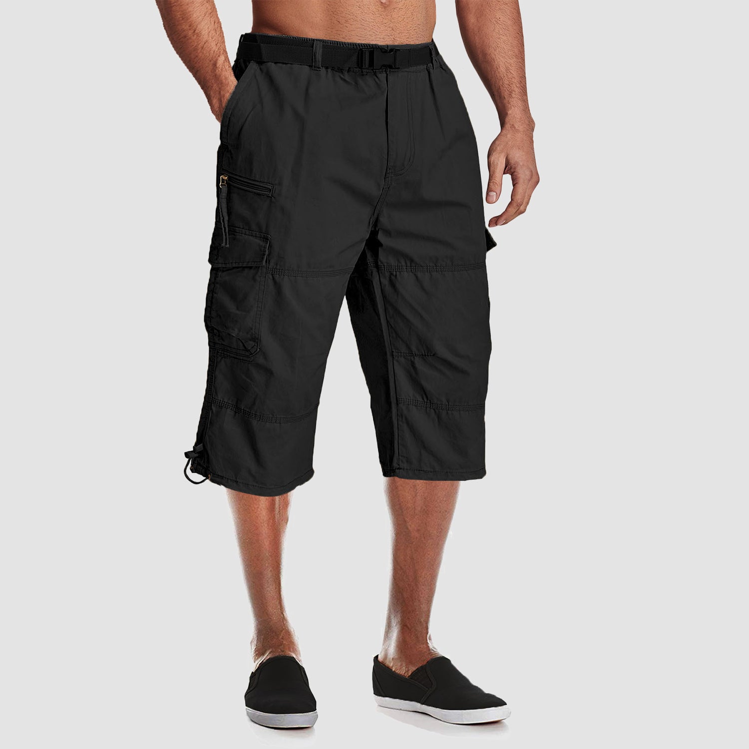 Men Summer Casual 3/4 Long Cargo Shorts Twill Cotton Elastic Waist Multiple Pockets Comfortable Capris Trousers