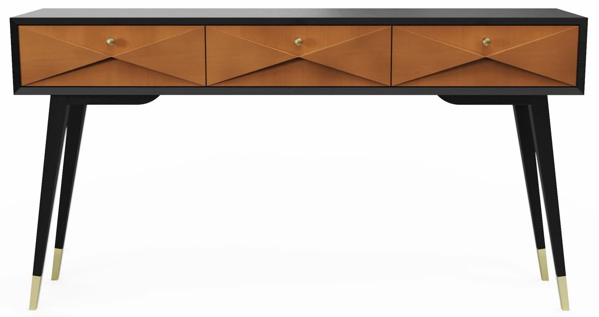 Casa Padrino Consola de Lujo Negro Mate / Co?ac Mate / Oro 148 x 40 x A. 80 cm - Consola de Madera Maciza con 3 Cajones - Muebles de Lujo - Interiores de Lujo