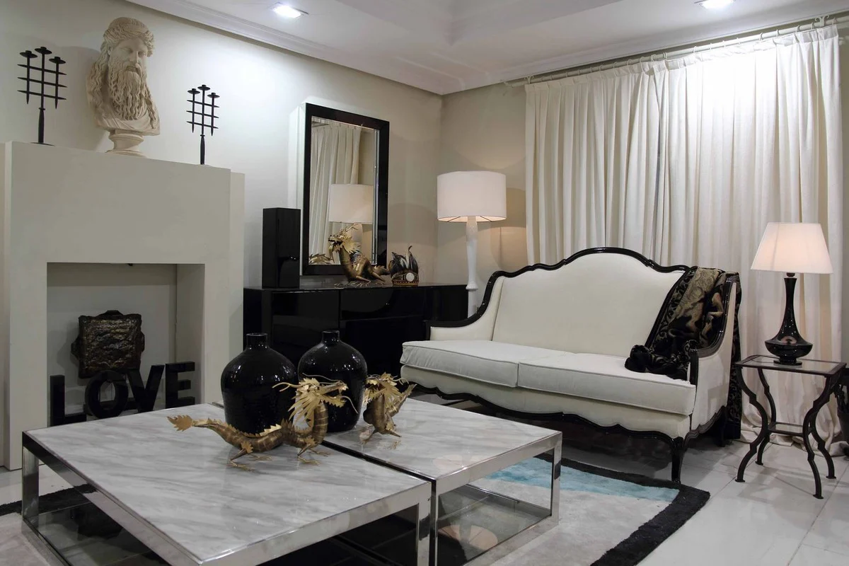 Casa Padrino sof¨¢ barroco de lujo blanco / negro 185 x 95 x A. 111 cm - Sof¨¢ de sal¨®n con cojines decorativos - Muebles barrocos nobles