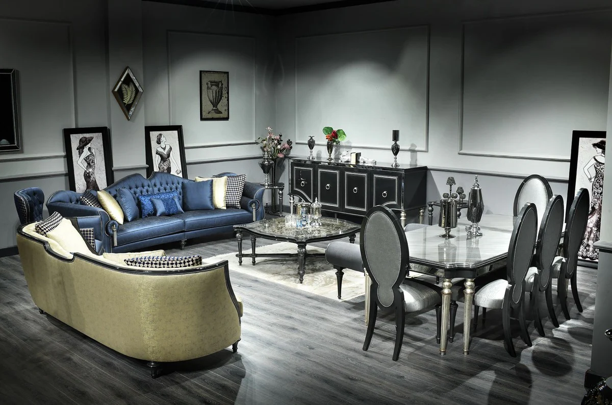 Casa Padrino sof¨¢ de sal¨®n barroco de lujo azul / plata / negro 300 x 94 x A. 88 cm - Noble y Magn¨ªfico