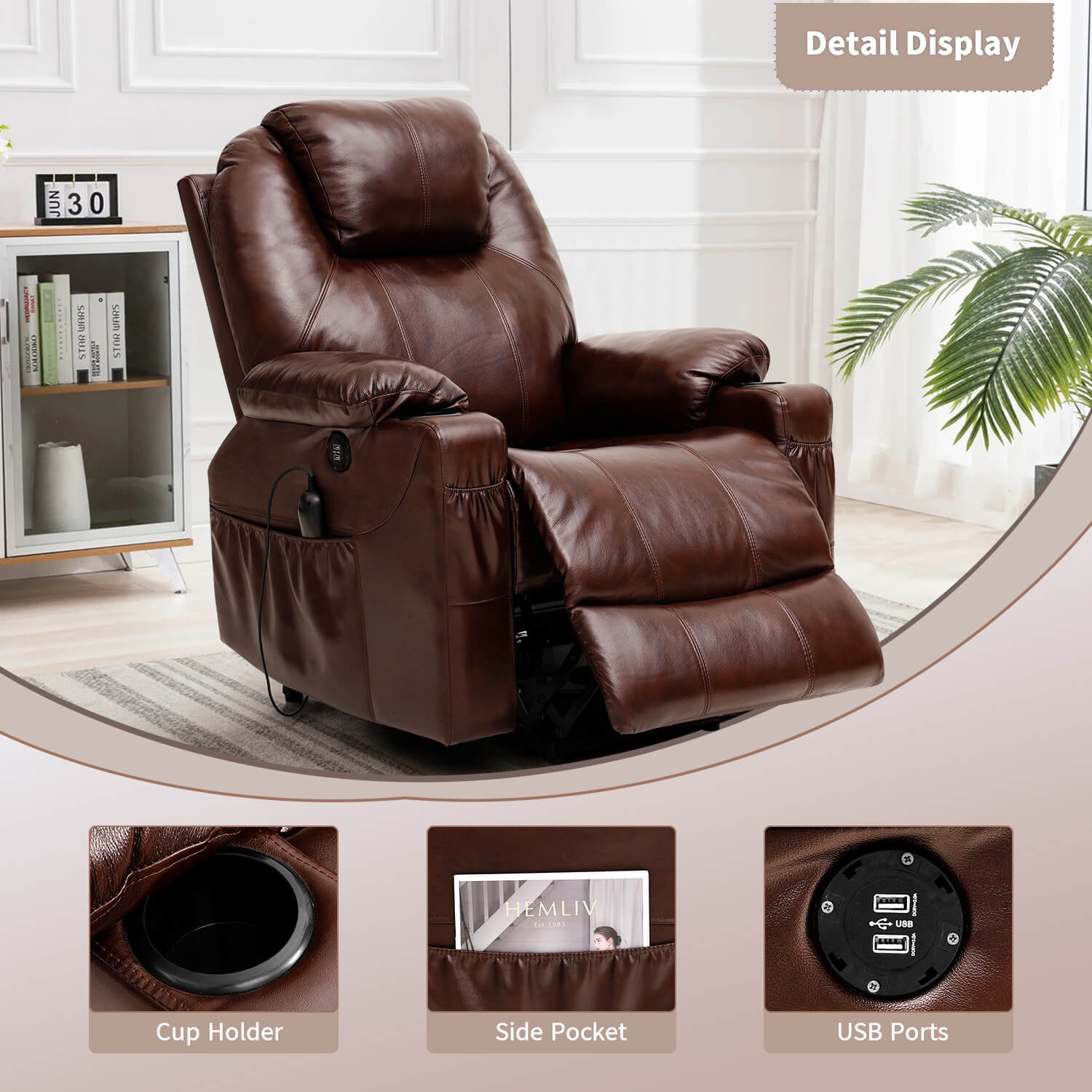 3-Position Power Lift Chair with Heal and Massage Real Leather