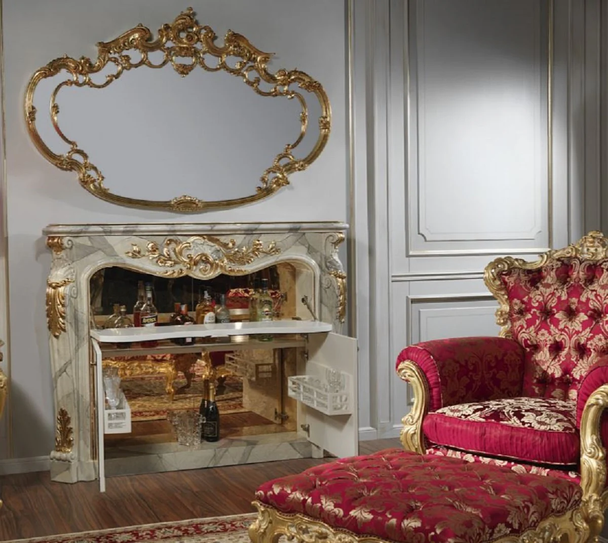 Casa Padrino conjunto de muebles barrocos de lujo armario bar chimenea con espejo de pared gris / oro - Barra para chimenea m¨¢rmol artificial con espejo - Muebles de Castillo de Restaurante de Hotel