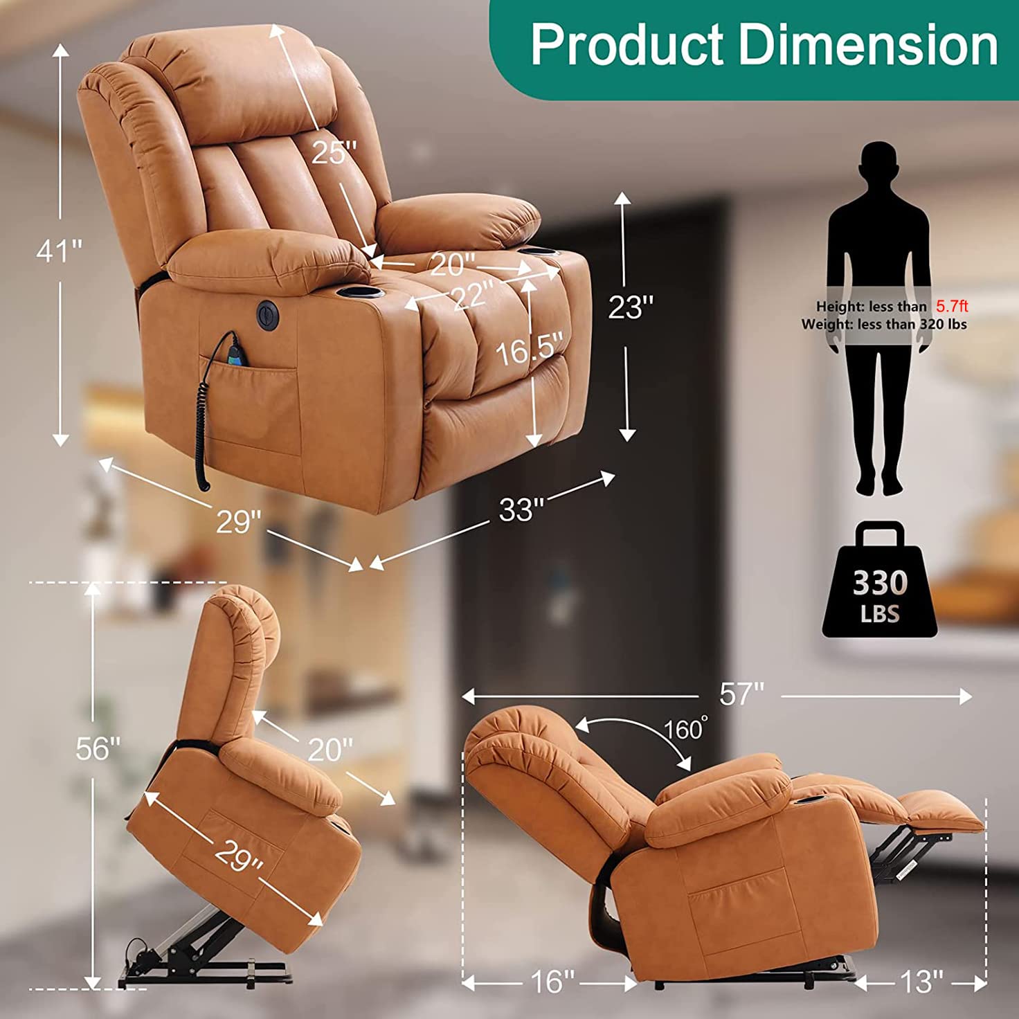 Clearance Sale Mcombo Electric lift Recliner sofa with massage and heating functions, 3 positions, 2 side pockets and cup holders, USB ports!