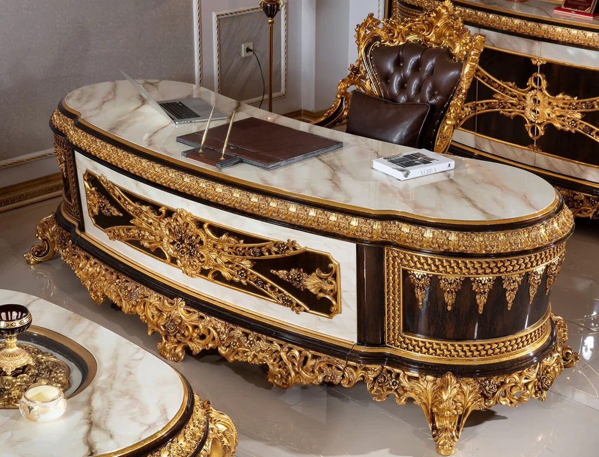 Casa Padrino conjunto de muebles de oficina barrocos de lujo blanco / marr¨®n oscuro / oro - 1 Escritorio Barroco con Aspecto de M¨¢rmol y 1 Silla de Oficina Barroco con Cuero Artificial Fino