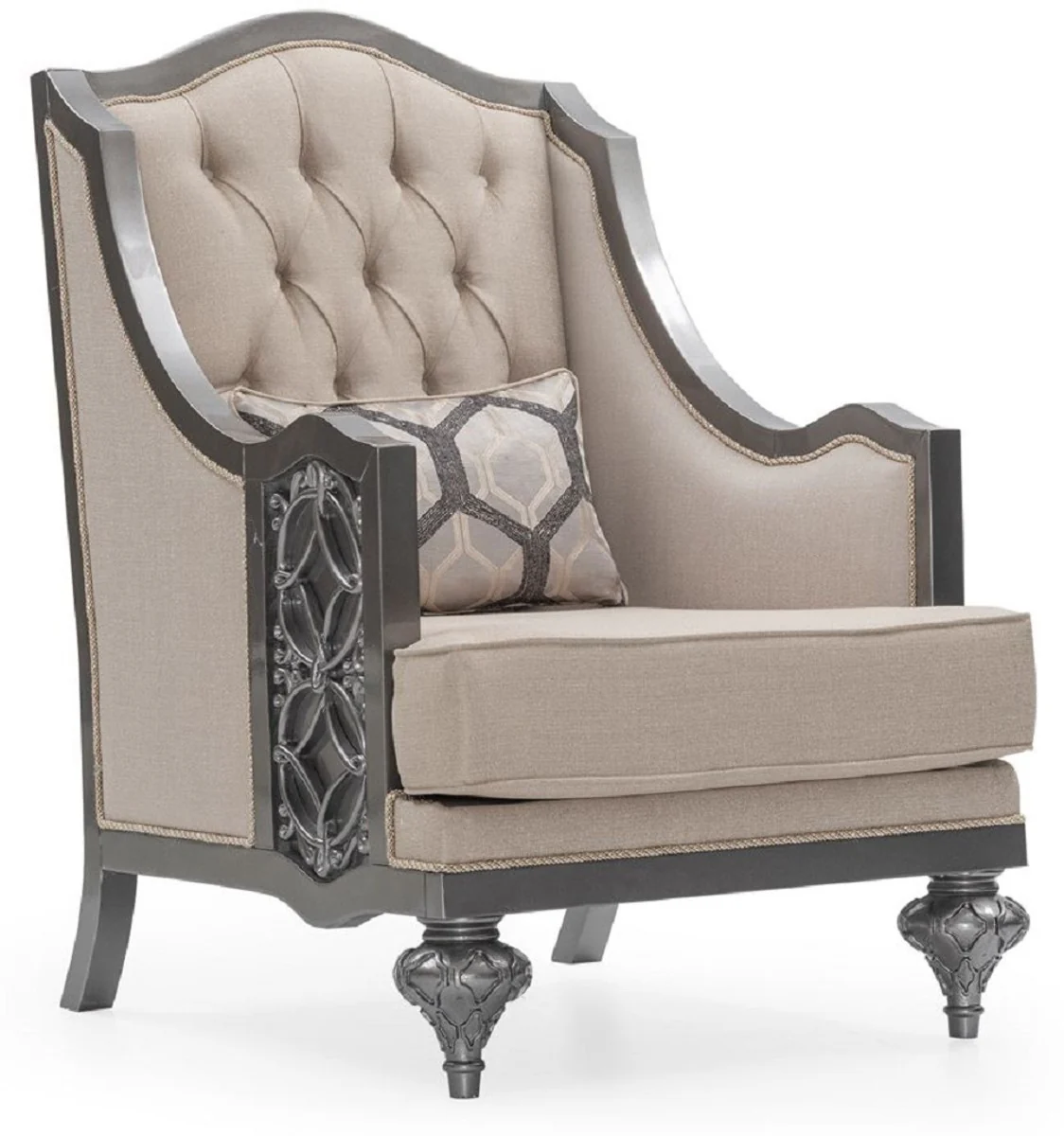 Casa Padrino sill¨®n de sal¨®n barroco de lujo beige / gris - Sill¨®n de estilo barroco hecho a mano con coj¨ªn decorativo - Muebles de sal¨®n de lujo en estilo barroco