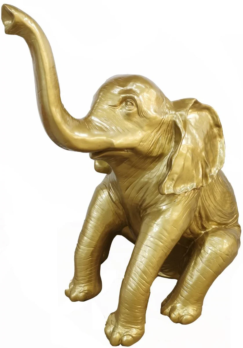 Casa Padrino escultura decorativa de diseño elefante sentado oro A. 140 cm - Figura animal decorativa - Enorme Figura de Decoración de Jardín