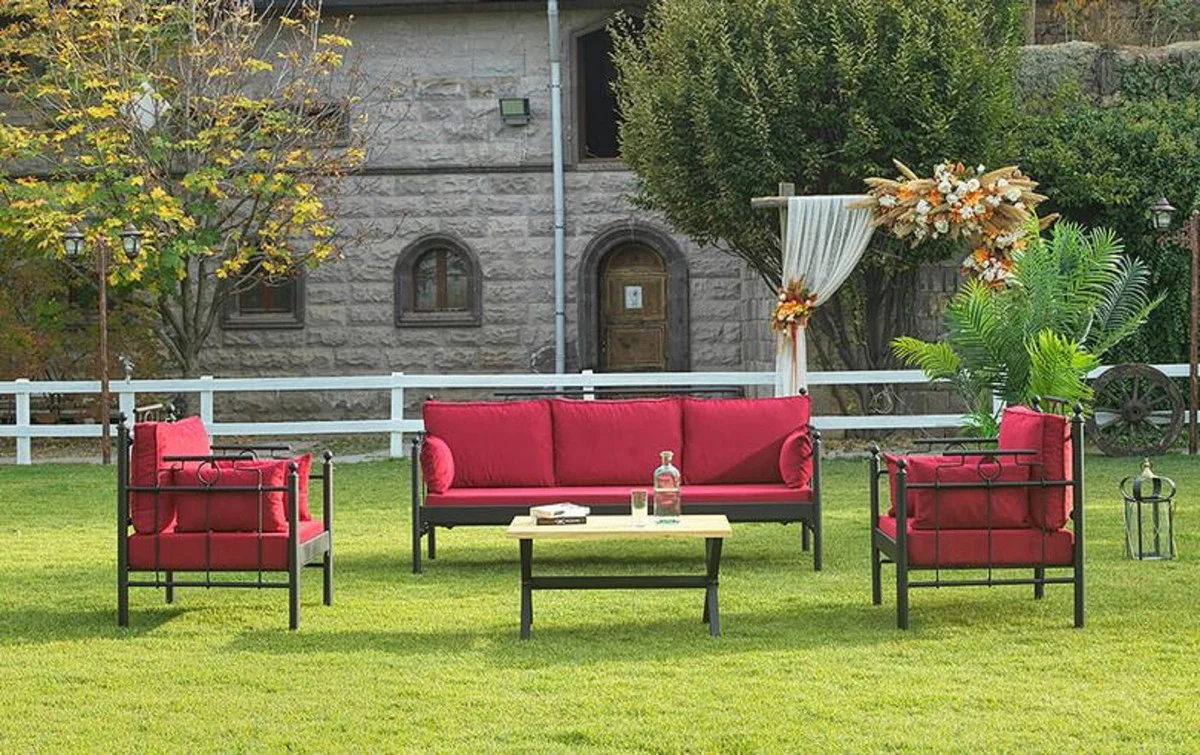 Casa Padrino Art Nouveau Conjunto de Muebles de Jard¨ªn Rojo Burdeos / Negro - 1 Sof¨¢ y 2 Sillones y 1 Mesa - Muebles de Jard¨ªn y Patio en Estilo Art Nouveau