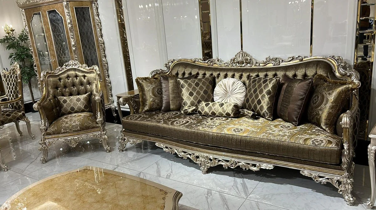Casa Padrino sof¨¢ barroco de lujo oro / plata - Magn¨ªfico sof¨¢ de sal¨®n con cojines decorativos - Muebles de sal¨®n barrocos - Noble y Magn¨ªfico