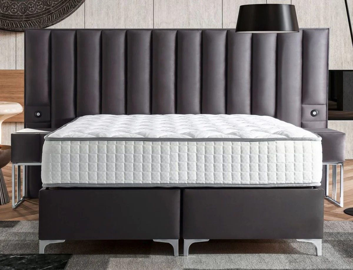 Casa Padrino cama doble de lujo gris / plata - Varios Tamaños - Cama de madera maciza con cabecero y colchón - Muebles de dormitorio - Muebles para hoteles - Muebles de lujo