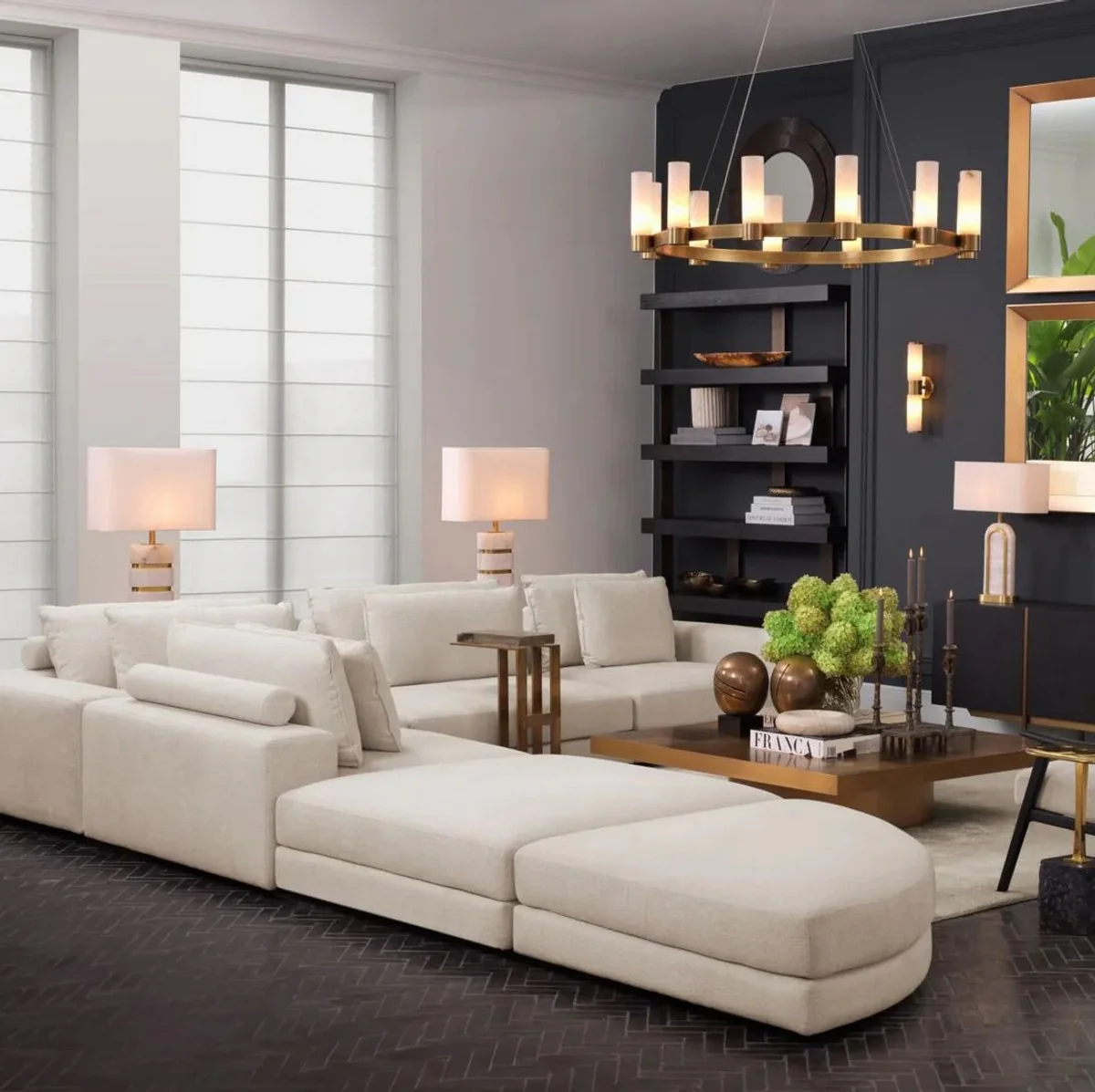 Casa Padrino lámpara de araña de lujo latón antiguo / alabastro Ø 136 x A. 30 cm - Lámpara de araña de salón redonda con pantallas de alabastro - Calidad de lujo