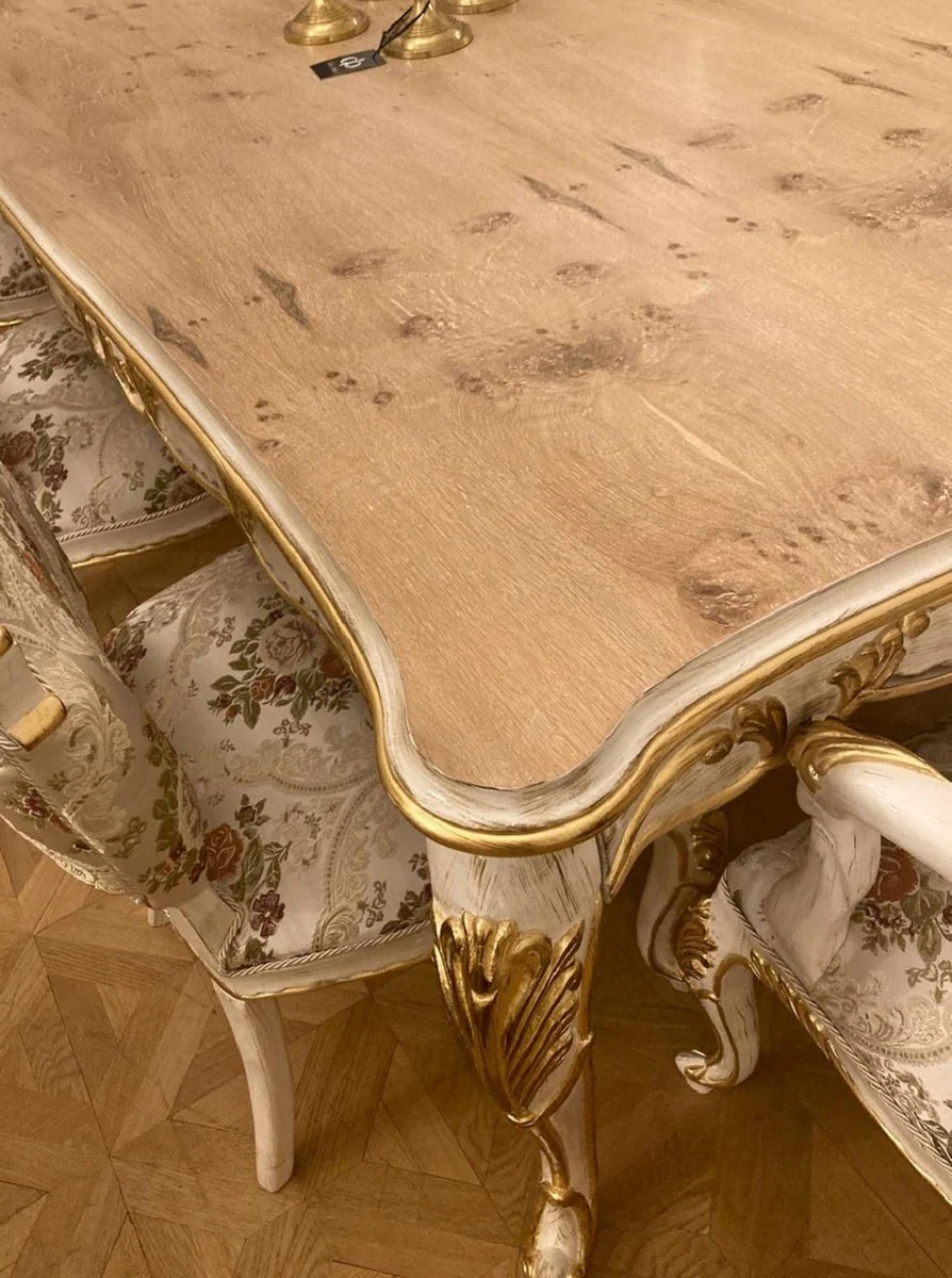 Casa Padrino conjunto de comedor barroco de lujo plata / multicolor / blanco antiguo / oro - 1 Mesa de Comedor Barroco y 8 Sillas de Comedor Barrocos - Muebles de comedor barrocos