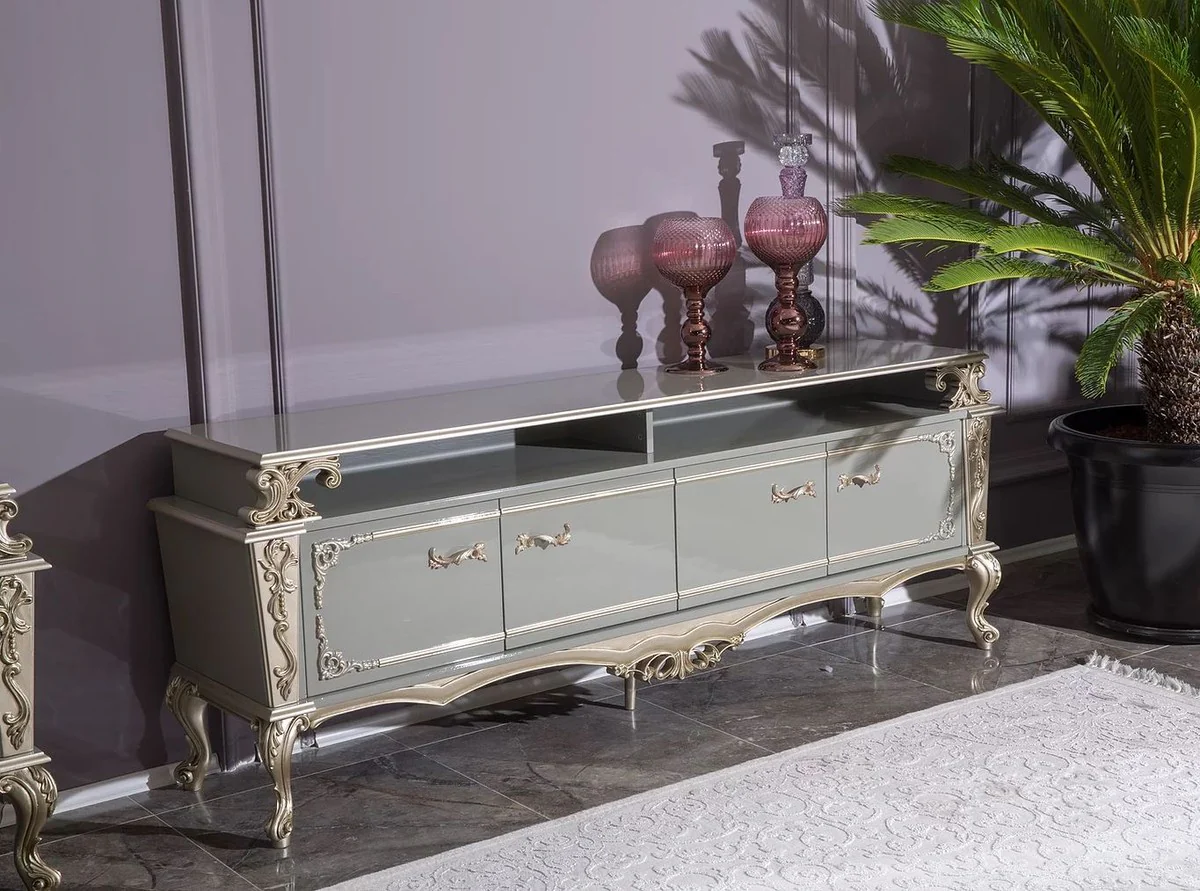 Casa Padrino gabinete TV barroco de lujo gris / plata 205 x 48 x A. 77 cm - Magnífico mueble de TV de madera maciza - Muebles de salón barrocos