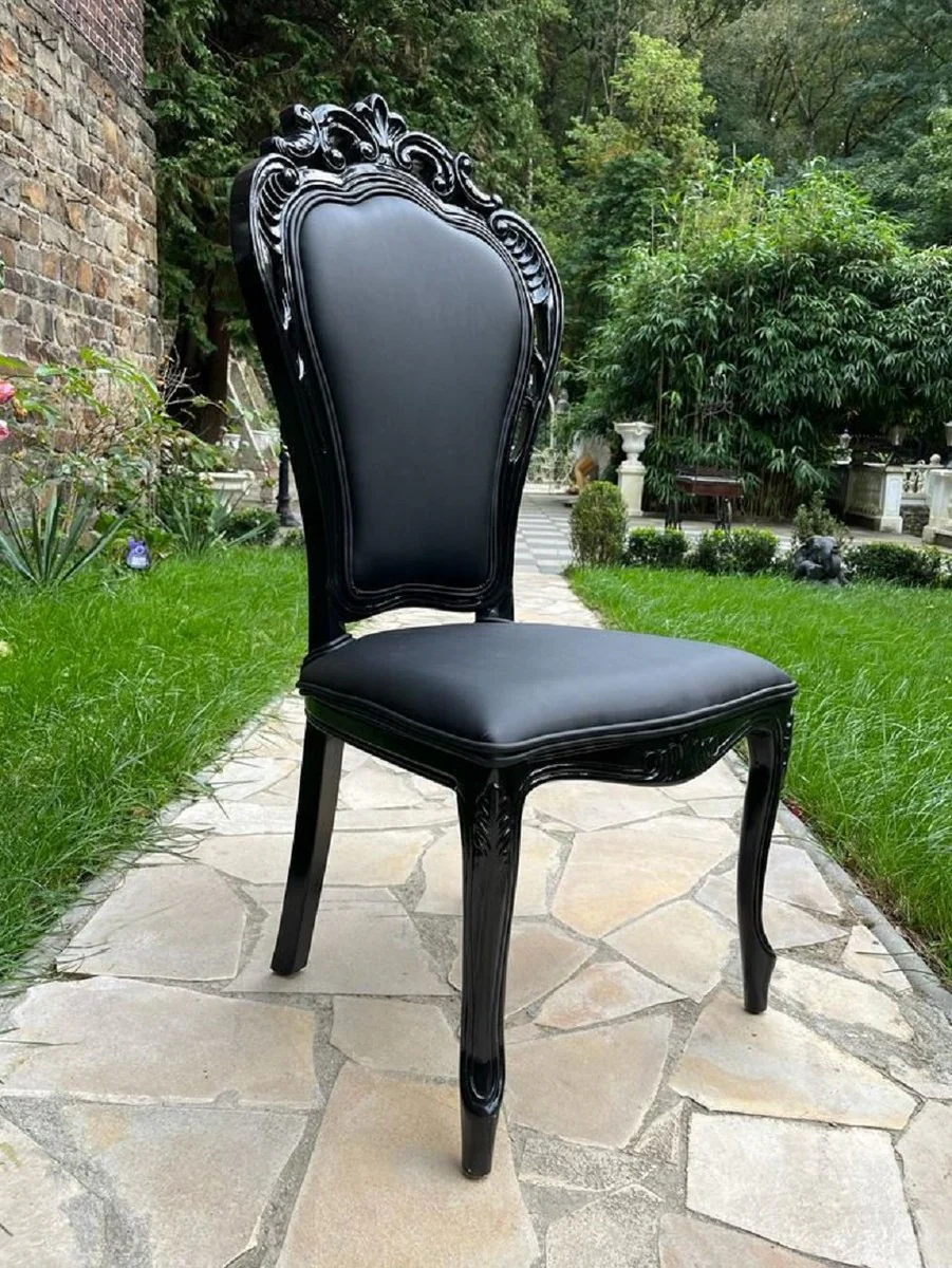 Casa Padrino silla de comedor barroco de lujo negro - Silla de estilo antiguo hecha a mano con cuero artificial fino - Magn¨ªficos muebles de comedor de estilo barroco