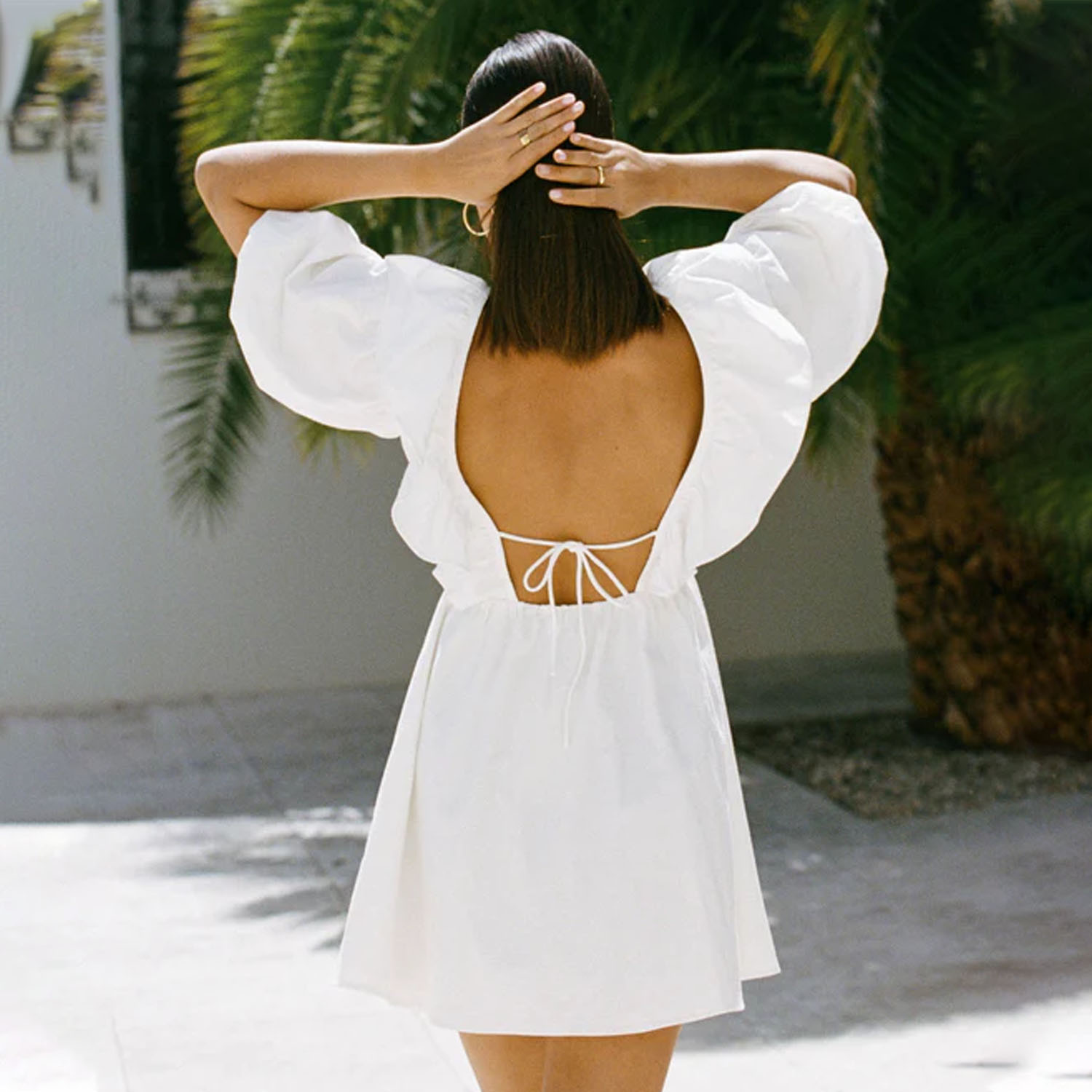 Ladies V-neck Puff Sleeves Mini Dress