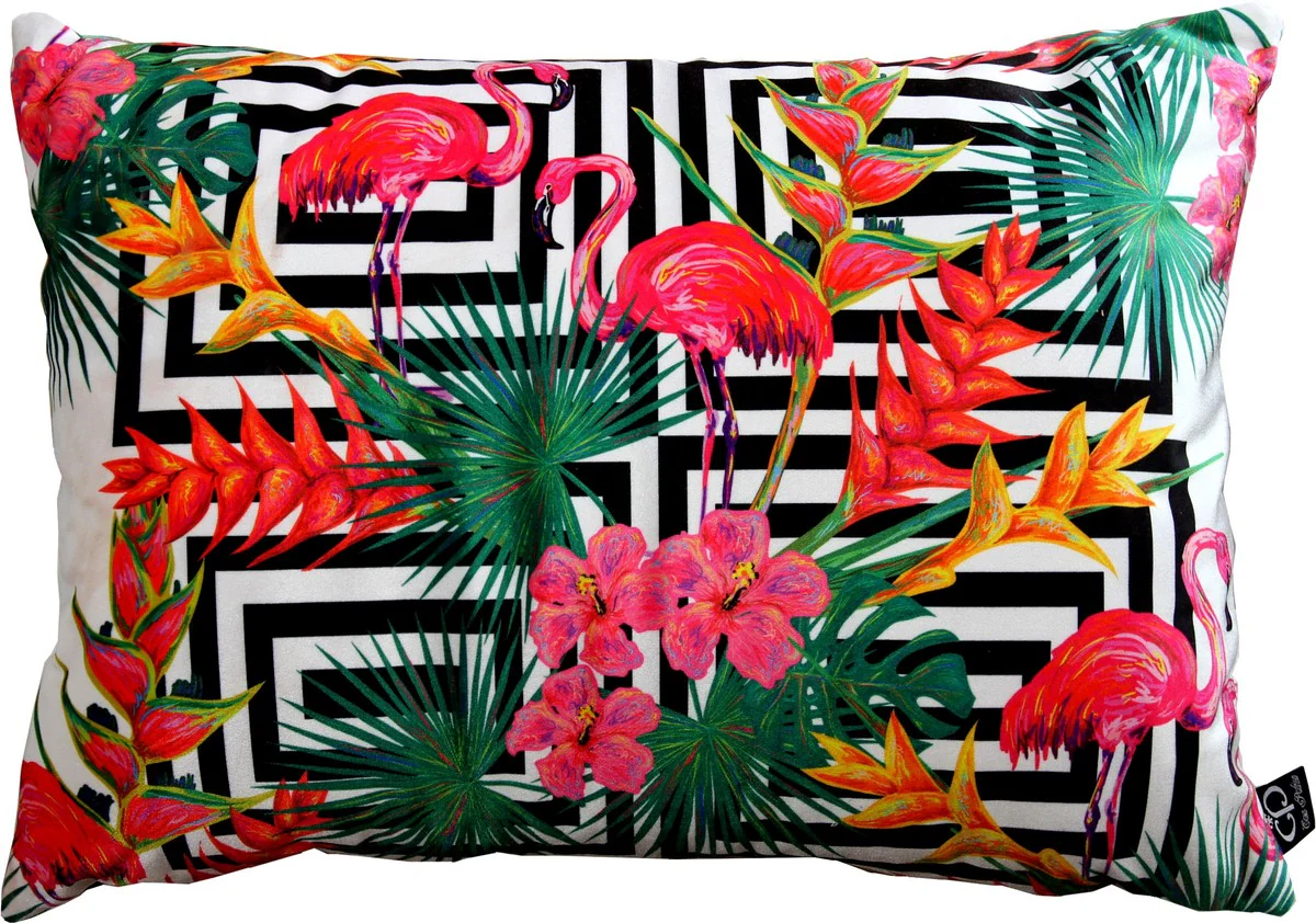 Casa Padrino Luxury Pillow Miami Flamingos & Flowers Multicolor 35 x 55 cm - Terciopelo más fino - Cojín decorativo decorativo